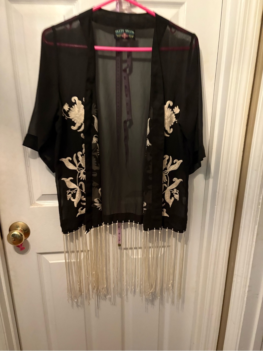 Crazy Train Black Sheer Embroidered Fringe Kimono with Cream Accents